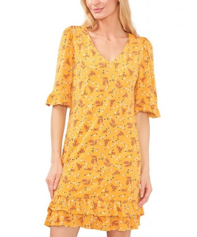 Women's Printed V-Neck Ruffle-Hem Knit Dress Yellow $33.60 Dresses