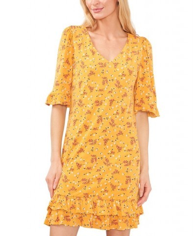 Women's Printed V-Neck Ruffle-Hem Knit Dress Yellow $33.60 Dresses