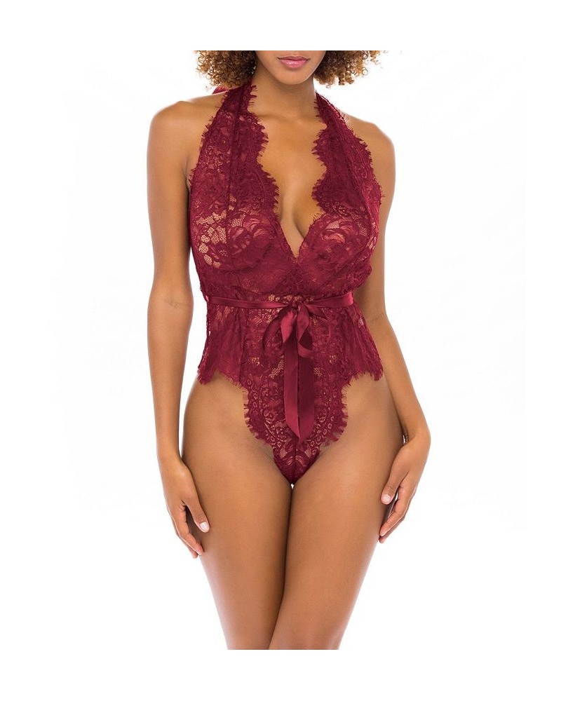 Women's Eyelash Lace Halter Lingerie Teddy Red $17.30 Lingerie