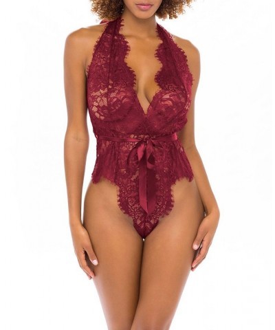 Women's Eyelash Lace Halter Lingerie Teddy Red $17.30 Lingerie