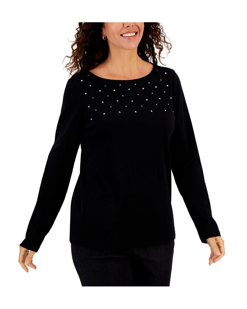 Women's Embellished Cotton Tunic Top Black $8.05 Tops