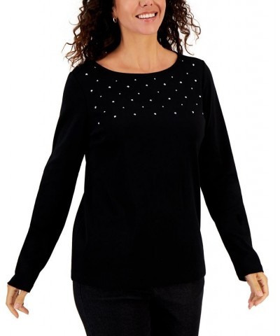 Women's Embellished Cotton Tunic Top Black $8.05 Tops