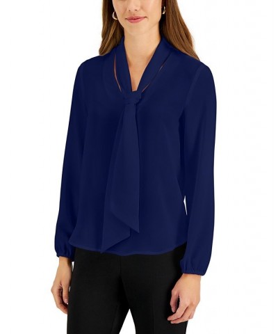 Women's Long Sleeve Bow Blouse Regular and Petite Sizes Kasper Navy $25.51 Tops