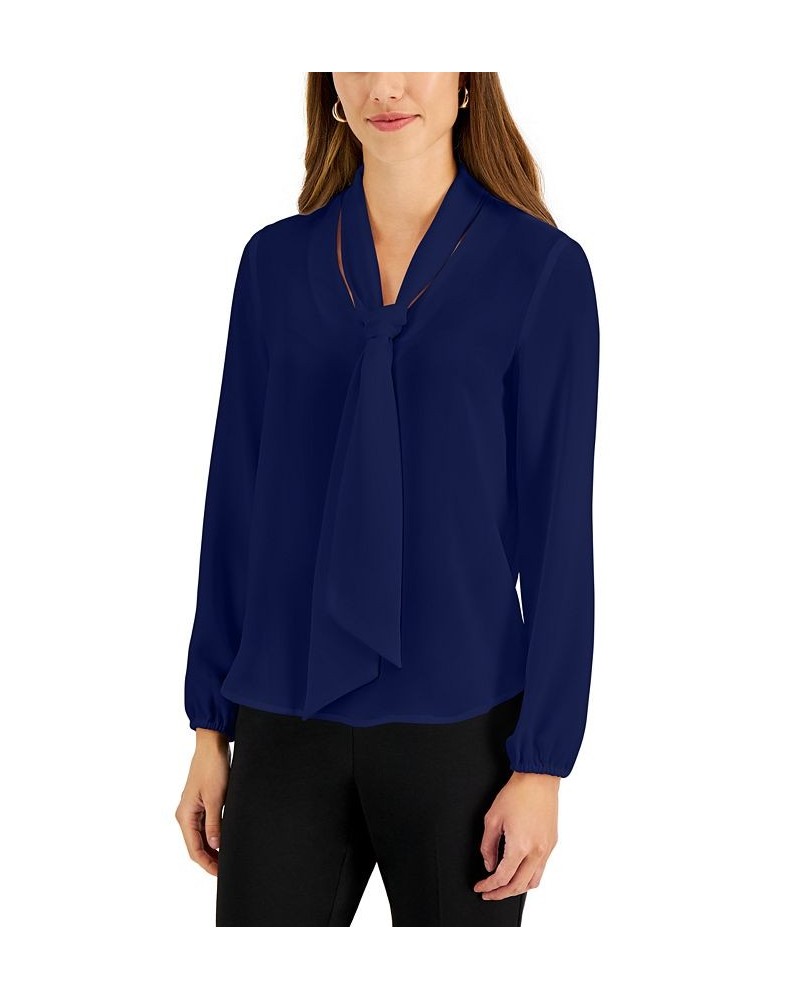 Women's Long Sleeve Bow Blouse Regular and Petite Sizes Kasper Navy $25.51 Tops