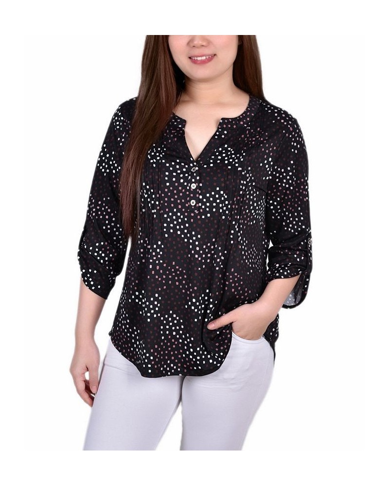 Petite 3/4 Roll Tab Sleeve Y-neck Top Black White Abstract $14.72 Tops