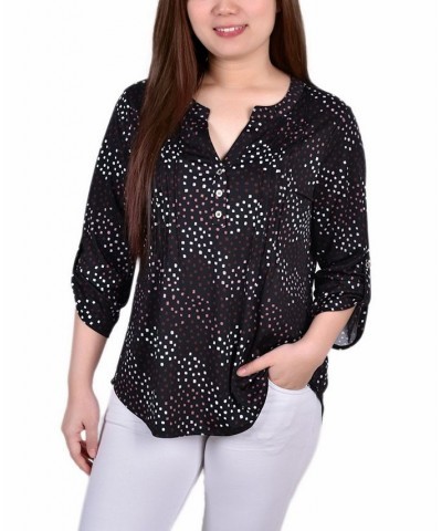 Petite 3/4 Roll Tab Sleeve Y-neck Top Black White Abstract $14.72 Tops