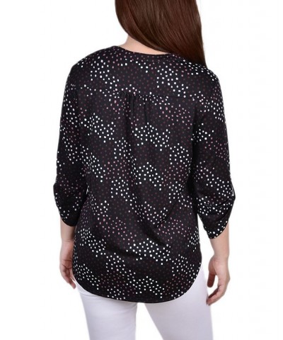 Petite 3/4 Roll Tab Sleeve Y-neck Top Black White Abstract $14.72 Tops