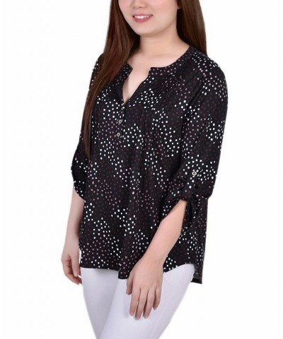 Petite 3/4 Roll Tab Sleeve Y-neck Top Black White Abstract $14.72 Tops