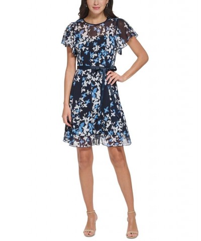 Petite Floral-Print Flutter-Sleeve Tie-Waist Fit & Flare Dress Navy Blue $50.04 Dresses