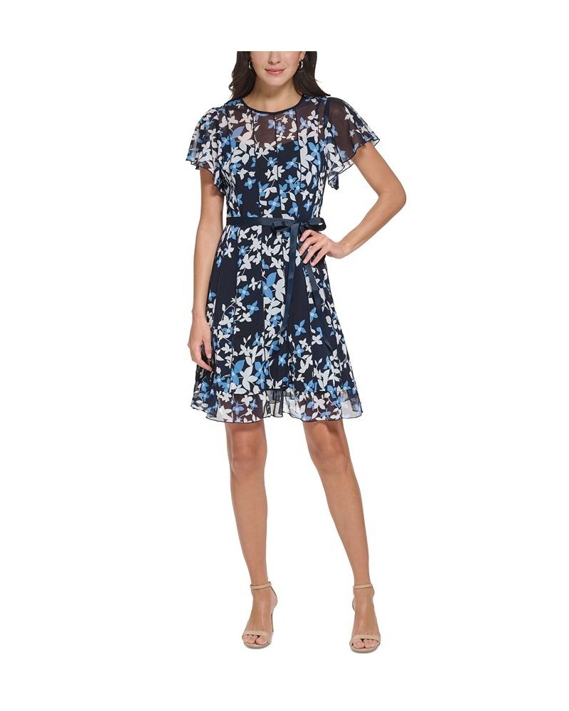 Petite Floral-Print Flutter-Sleeve Tie-Waist Fit & Flare Dress Navy Blue $50.04 Dresses