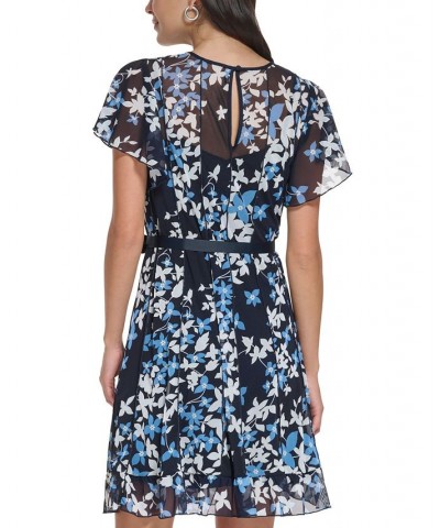 Petite Floral-Print Flutter-Sleeve Tie-Waist Fit & Flare Dress Navy Blue $50.04 Dresses