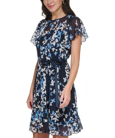 Petite Floral-Print Flutter-Sleeve Tie-Waist Fit & Flare Dress Navy Blue $50.04 Dresses