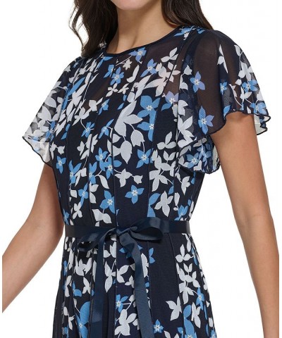 Petite Floral-Print Flutter-Sleeve Tie-Waist Fit & Flare Dress Navy Blue $50.04 Dresses