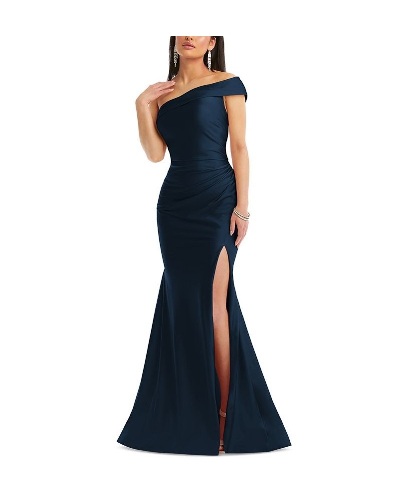 Women's One-Shoulder Stretch Satin Mermaid Gown Blue $131.04 Dresses