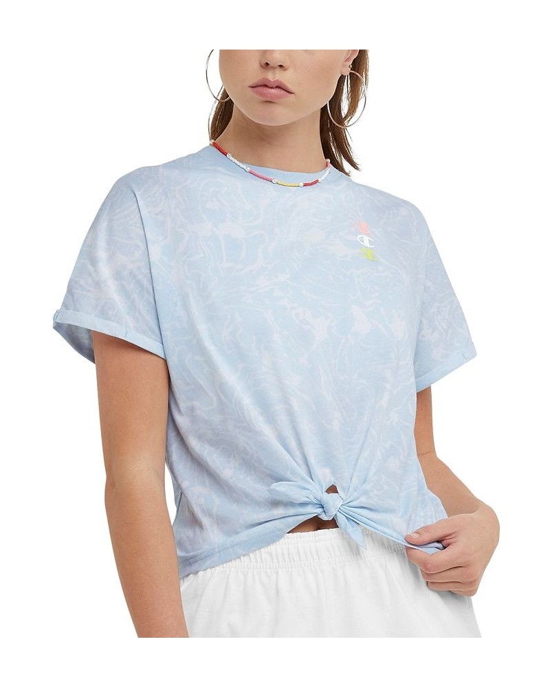 Women's Printed Tie-Front T-Shirt Marble Wave Ciel Blue $18.80 Tops