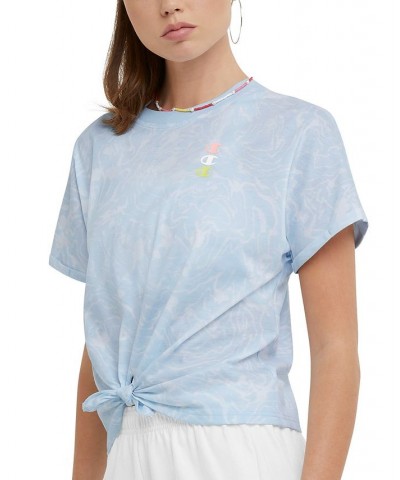 Women's Printed Tie-Front T-Shirt Marble Wave Ciel Blue $18.80 Tops