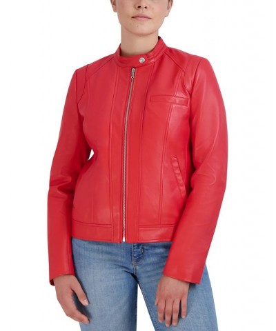 Women's Stand-Collar Leather Moto Coat Red $102.30 Coats