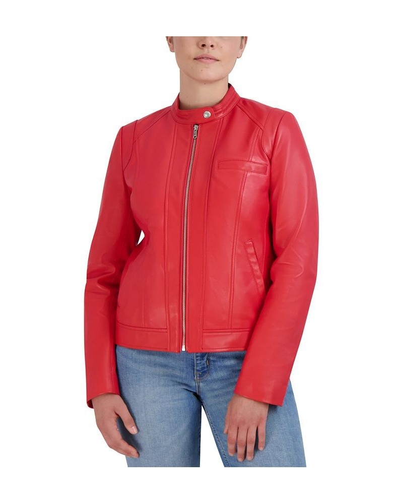 Women's Stand-Collar Leather Moto Coat Red $102.30 Coats