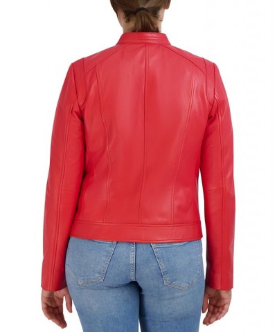 Women's Stand-Collar Leather Moto Coat Red $102.30 Coats