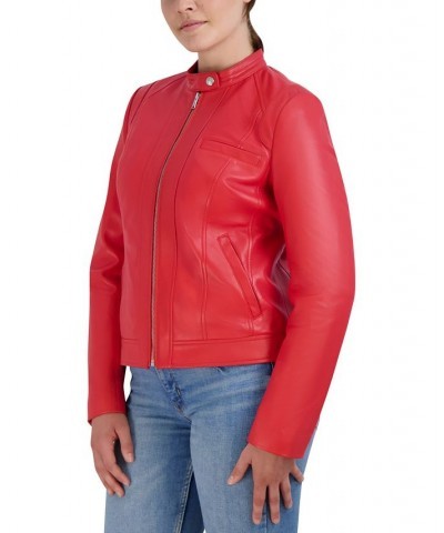 Women's Stand-Collar Leather Moto Coat Red $102.30 Coats