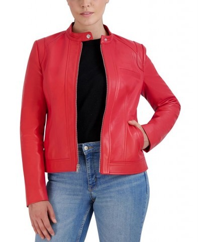 Women's Stand-Collar Leather Moto Coat Red $102.30 Coats