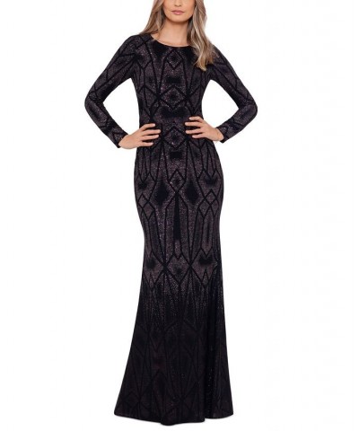 Women's Long-Sleeve Shimmer Gown Black Rose $129.78 Dresses