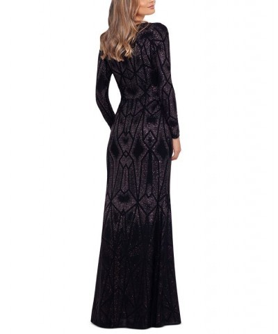 Women's Long-Sleeve Shimmer Gown Black Rose $129.78 Dresses