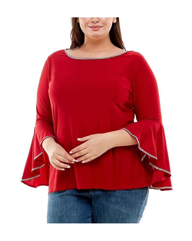 Plus Size Long Bell Sleeve Tunic Top with Stone Details Red $14.08 Tops