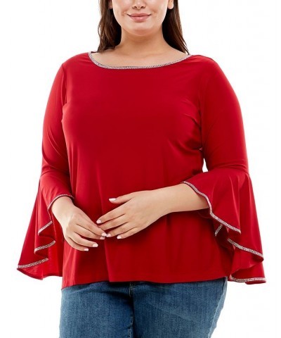 Plus Size Long Bell Sleeve Tunic Top with Stone Details Red $14.08 Tops