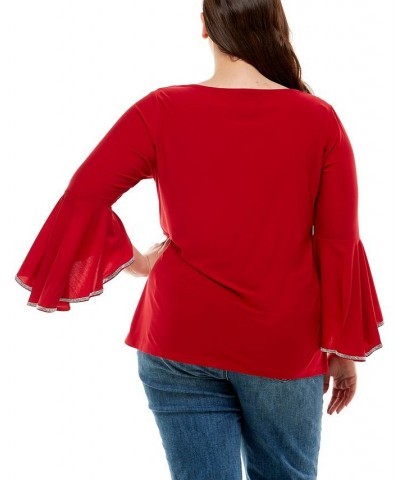 Plus Size Long Bell Sleeve Tunic Top with Stone Details Red $14.08 Tops