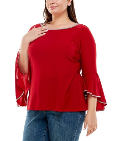 Plus Size Long Bell Sleeve Tunic Top with Stone Details Red $14.08 Tops