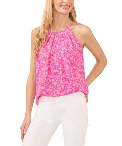 Women's Pleated Neckline Printed Halter Tank Top Pink $37.92 Tops