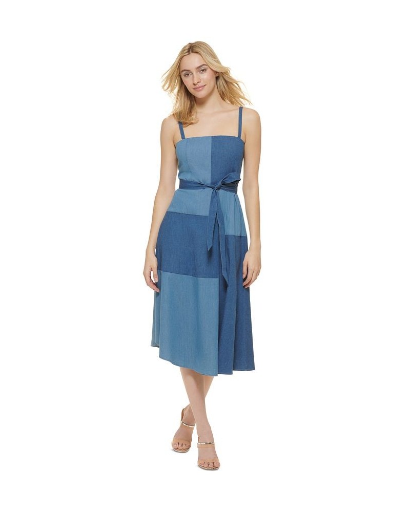 Denim Patchwork Tie-Waist Midi Dress Light/Dark Blue $72.00 Dresses