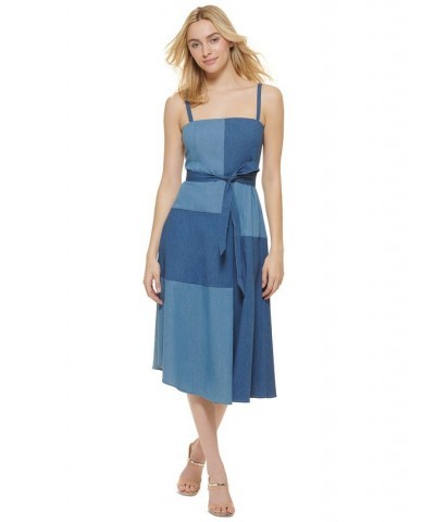 Denim Patchwork Tie-Waist Midi Dress Light/Dark Blue $72.00 Dresses