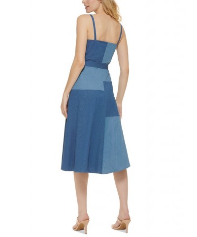 Denim Patchwork Tie-Waist Midi Dress Light/Dark Blue $72.00 Dresses