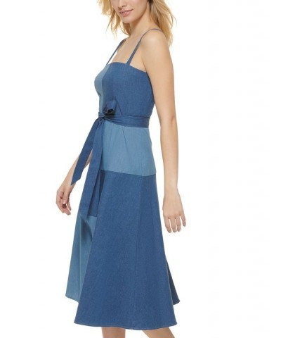 Denim Patchwork Tie-Waist Midi Dress Light/Dark Blue $72.00 Dresses