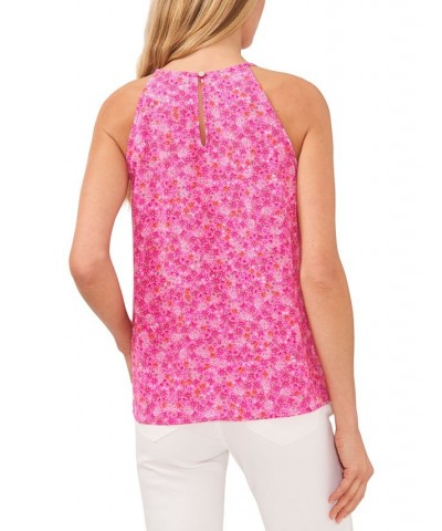 Women's Pleated Neckline Printed Halter Tank Top Pink $37.92 Tops