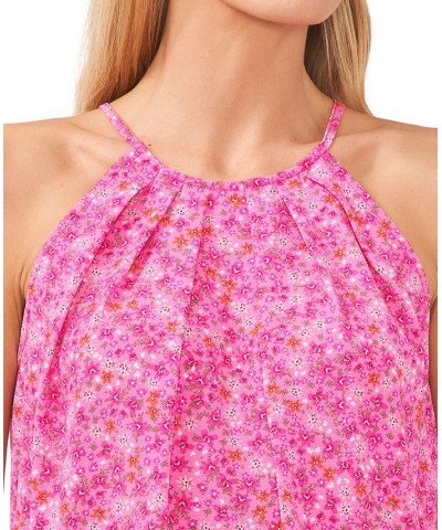 Women's Pleated Neckline Printed Halter Tank Top Pink $37.92 Tops