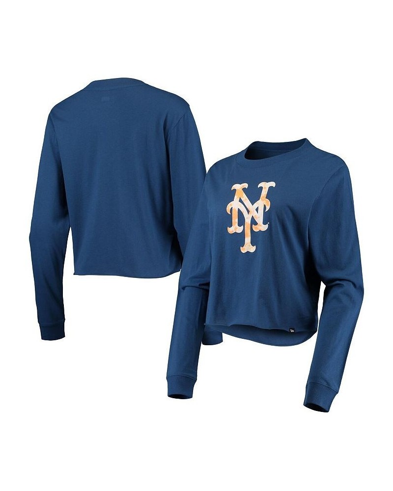 Women's Royal New York Mets Baby Jersey Cropped Long Sleeve T-shirt Blue $25.51 Tops