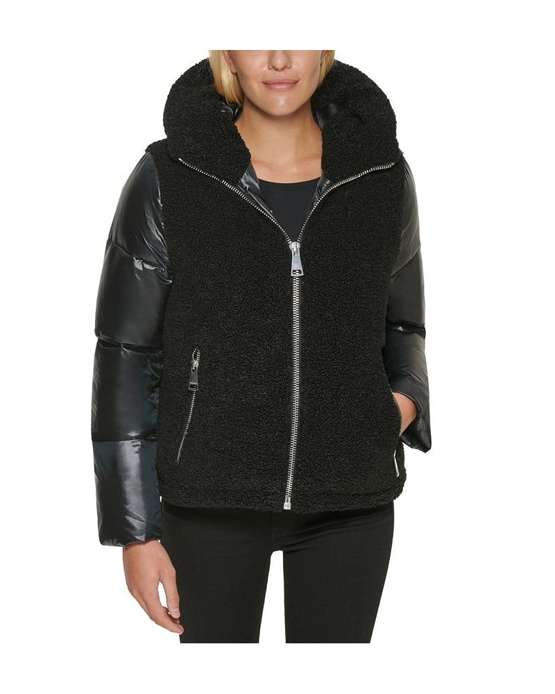 Hooded Mixed-Media Puffer Coat Black $72.20 Coats