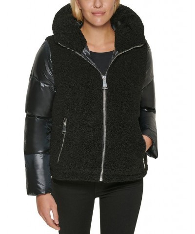 Hooded Mixed-Media Puffer Coat Black $72.20 Coats