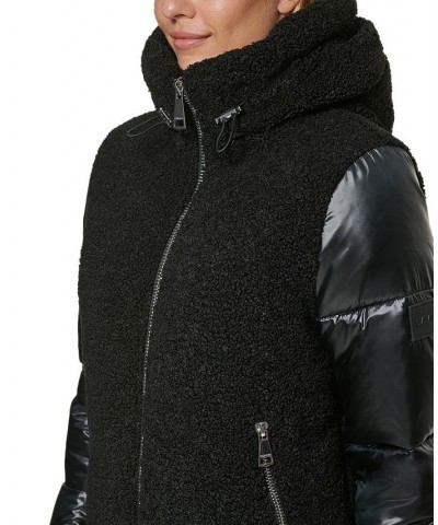 Hooded Mixed-Media Puffer Coat Black $72.20 Coats