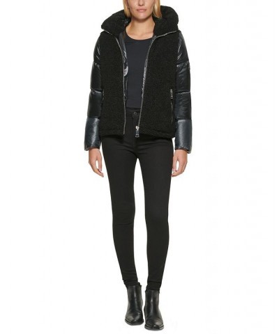 Hooded Mixed-Media Puffer Coat Black $72.20 Coats