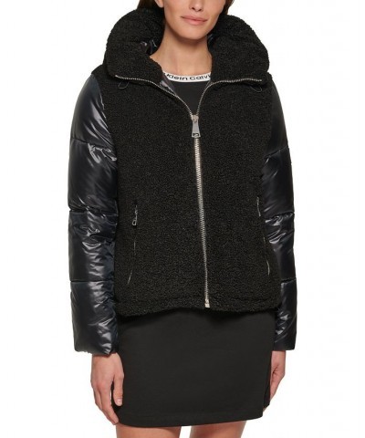 Hooded Mixed-Media Puffer Coat Black $72.20 Coats