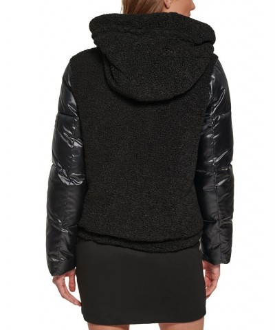 Hooded Mixed-Media Puffer Coat Black $72.20 Coats