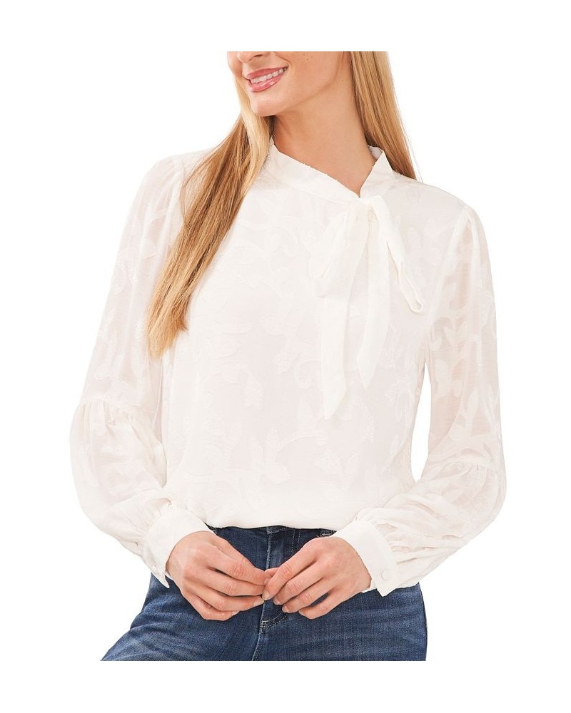 Women's Clip Jacquard Long-Sleeve Bow Blouse White $32.72 Tops