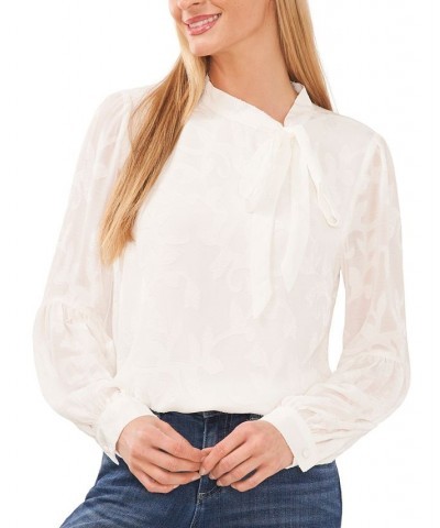 Women's Clip Jacquard Long-Sleeve Bow Blouse White $32.72 Tops