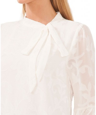 Women's Clip Jacquard Long-Sleeve Bow Blouse White $32.72 Tops