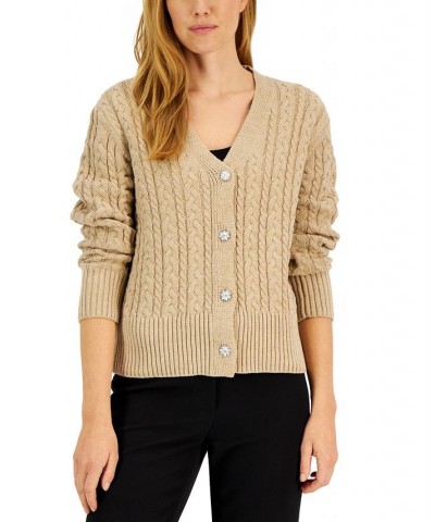 Women's Cable-Knit Jewel-Button Cardigan Latte $45.77 Sweaters