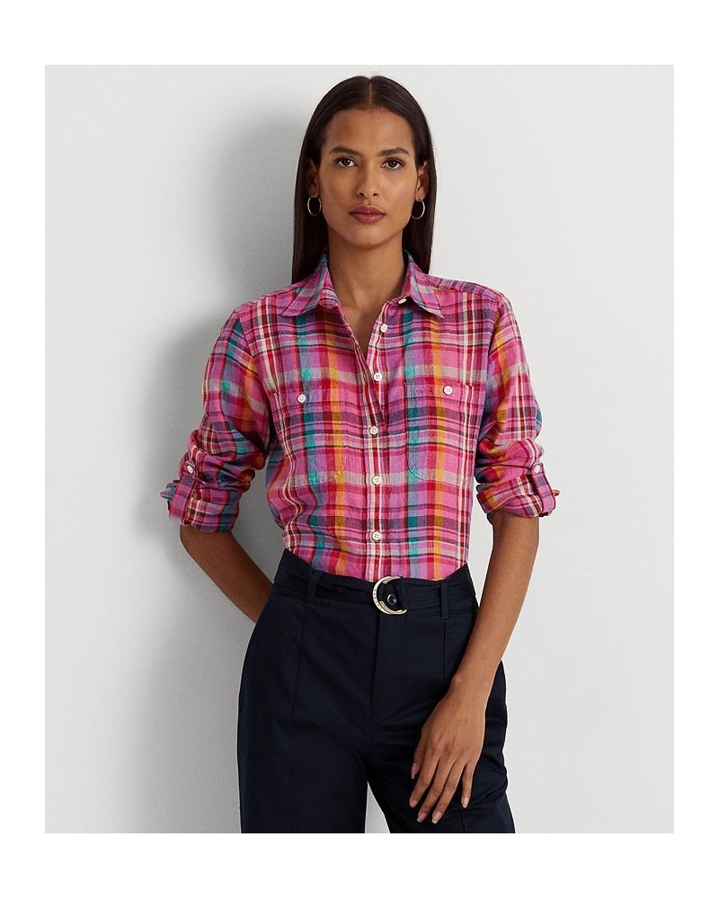 Women's Plaid Linen Shirt Pink Multi $60.75 Tops